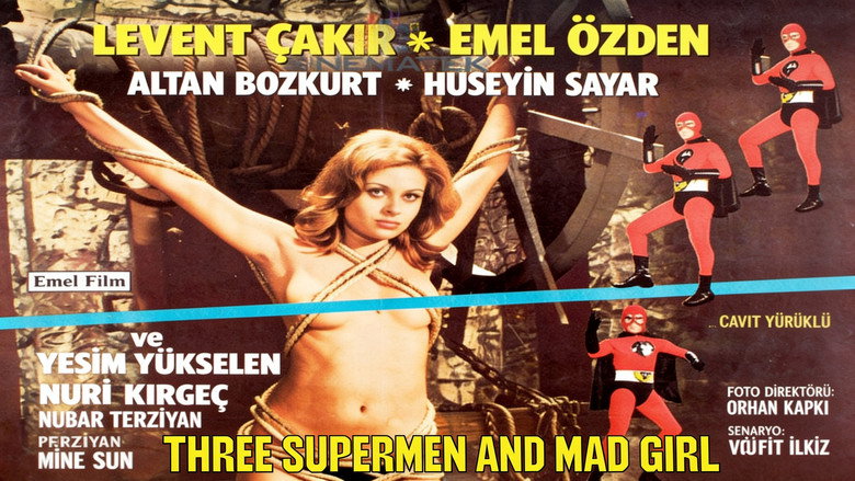 Three Supermen and Mad Girl backdrop